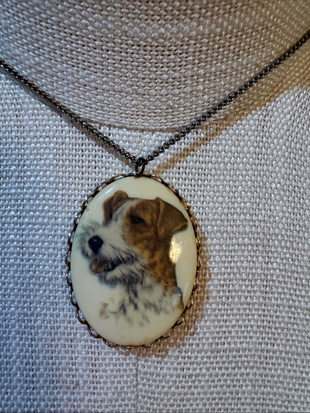 Vintage Jack Russell Cameo Dog Portrait Oval Pendant  in Cream and Brown